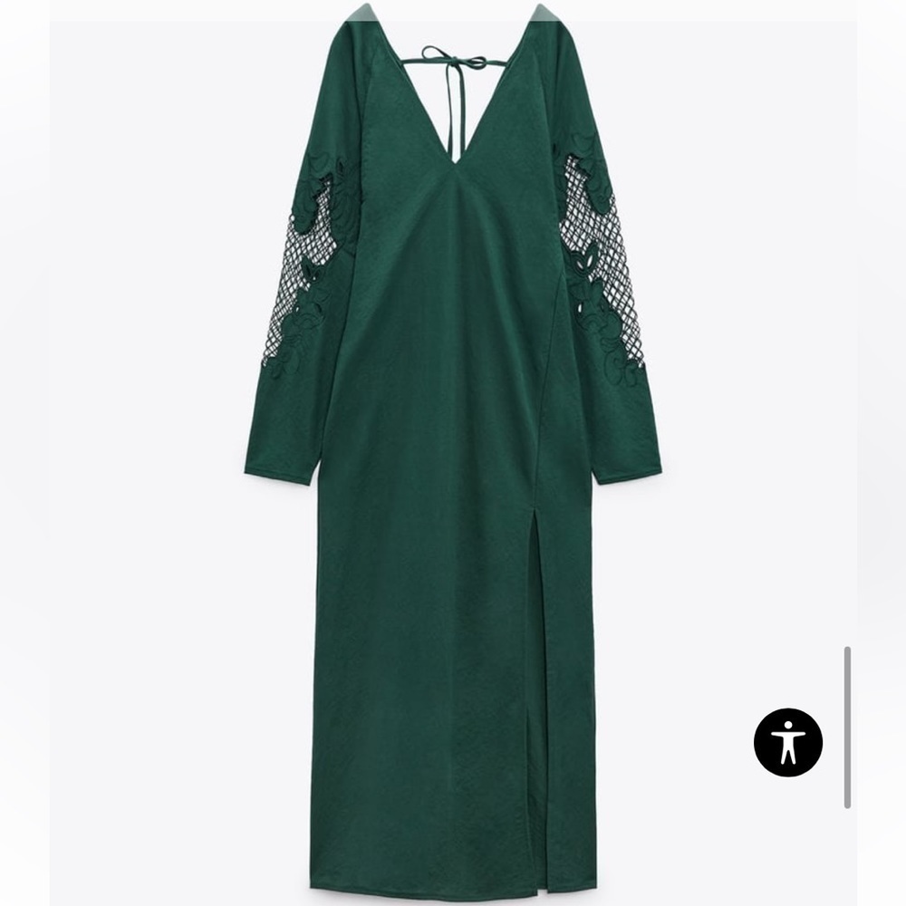 ZARA OPEN CROCHET LACE LONG SLEEVE VAMP MAXI DRESS FOREST GREEN MEDIUM NWT - Picture 9 of 16